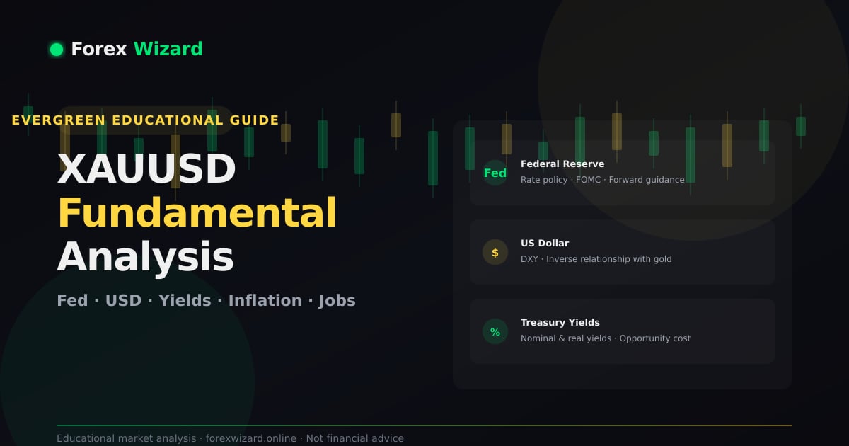 XAUUSD fundamental analysis showing Federal Reserve, US dollar and Treasury yield factors affecting gold