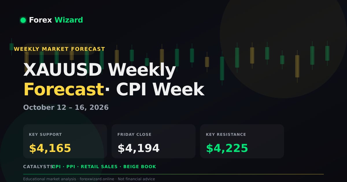 XAUUSD weekly forecast October 12 to 16 2026 showing gold key support resistance with US CPI PPI retail sales and Fed Beige Book catalysts