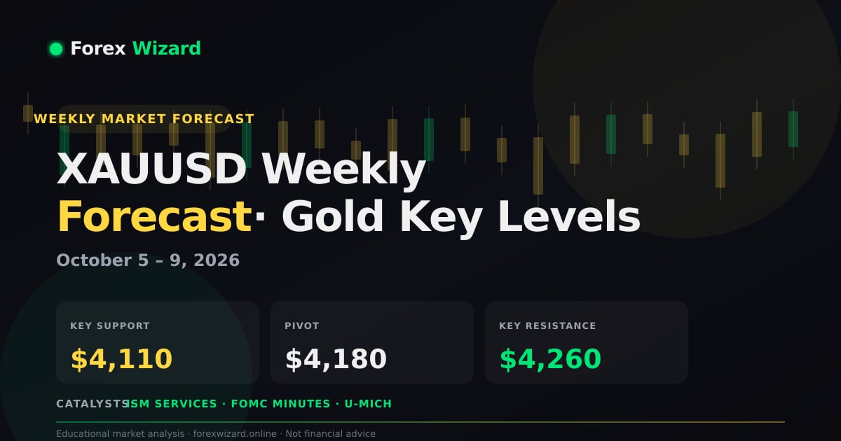 XAUUSD weekly forecast October 5 to 9 2026 showing gold key support resistance after NFP with FOMC minutes and ISM Services PMI catalysts