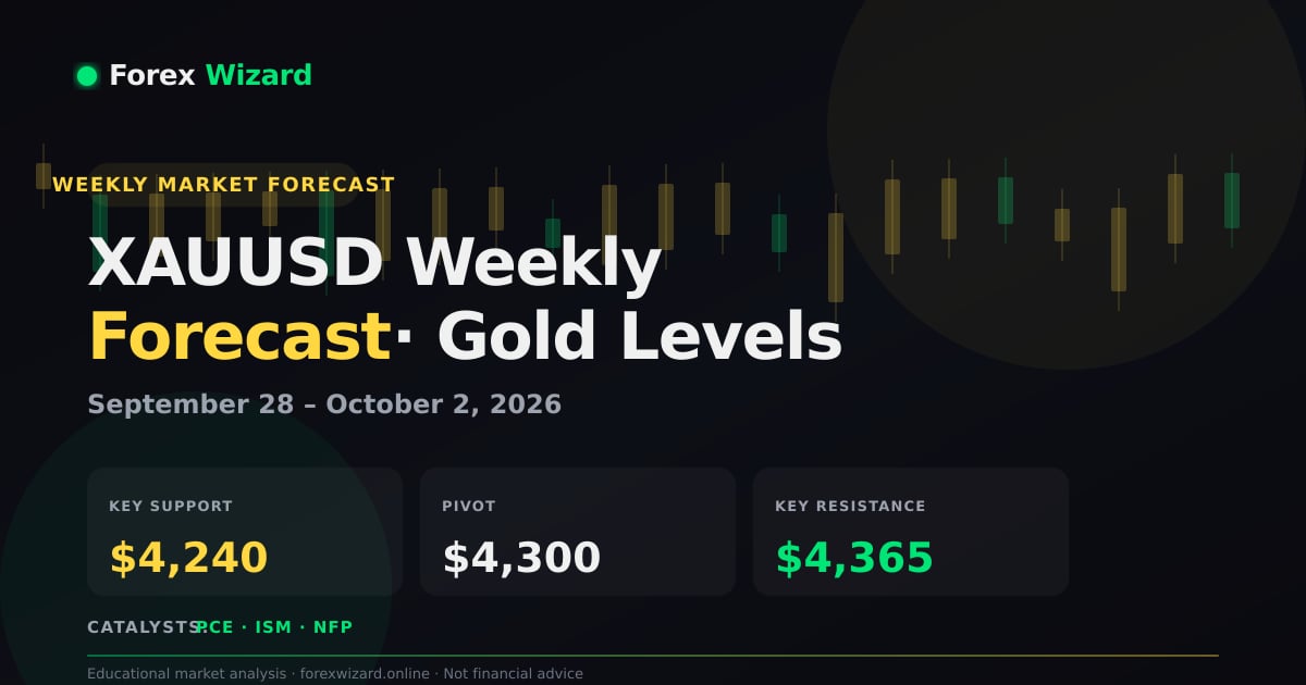 XAUUSD weekly forecast September 28 to October 2 2026 showing gold key support resistance and US economic events